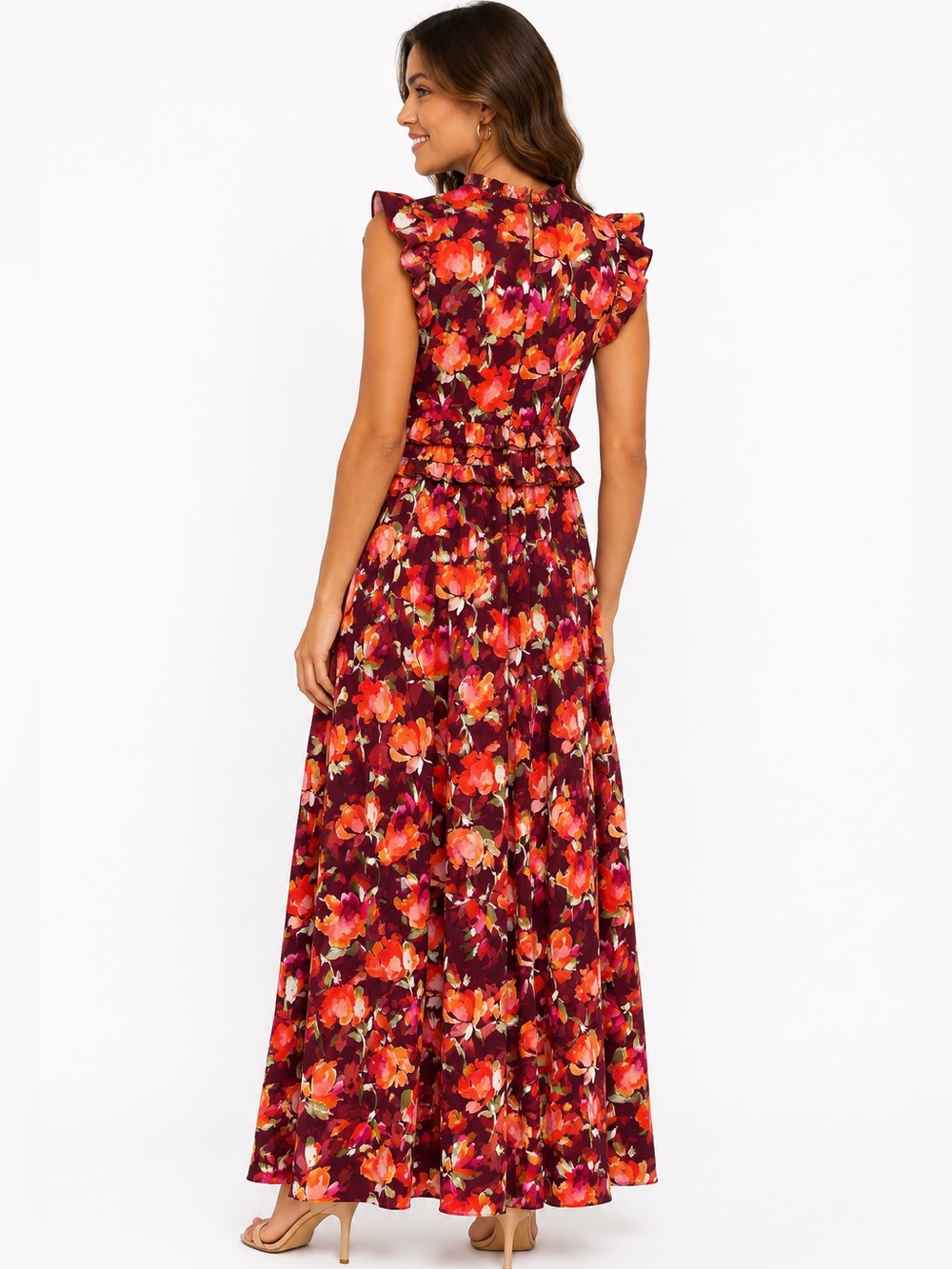 Vince Camuto Chiffon Floral Ruffle Maxi Dress Burgundy NWT Wedding Guest Size - Picture 3 of 11
